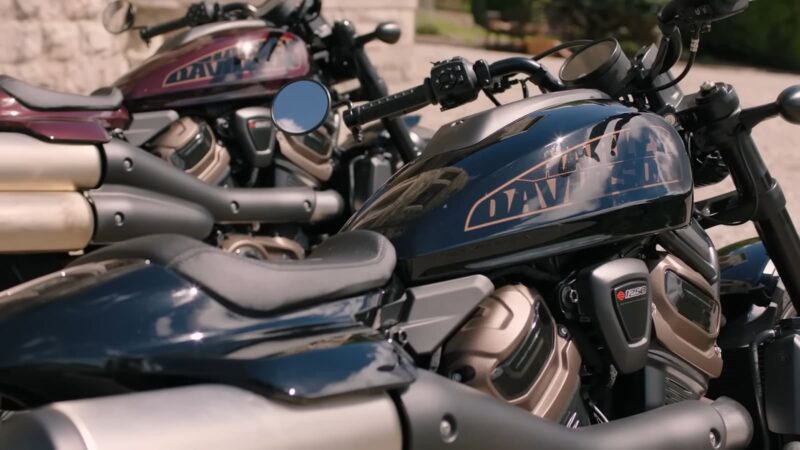 A close-up view of two parked Harley Davidson Sportsters